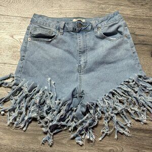 American Bazi Women's Casual Distressed Fringe Chain High Rise Denim Shorts L